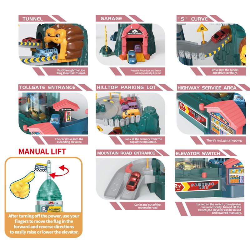 Kids-Up Lion Mountain Adventure electric car track toy showing motorized cars climbing the lion-themed mountain ramps.