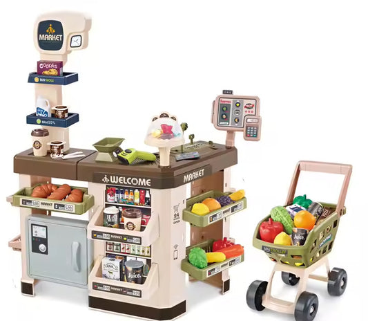 Key Features:

Realistic Cash Register: Features working calculator, lights, sounds, scanner, and cash drawer for lifelike play

Shopping Cart &amp; Accessories: Comes with a mini shopping cart and various toy groceries for a full shopping experience

Interactive Learning: Teaches counting, money handling, and basic math in a fun, hands-on way

Imaginative Role Play: Encourages creativity, communication, and confidence as kids take on shopper or cashier roles

Safe for Kids: Made from durable, non-toxic pla