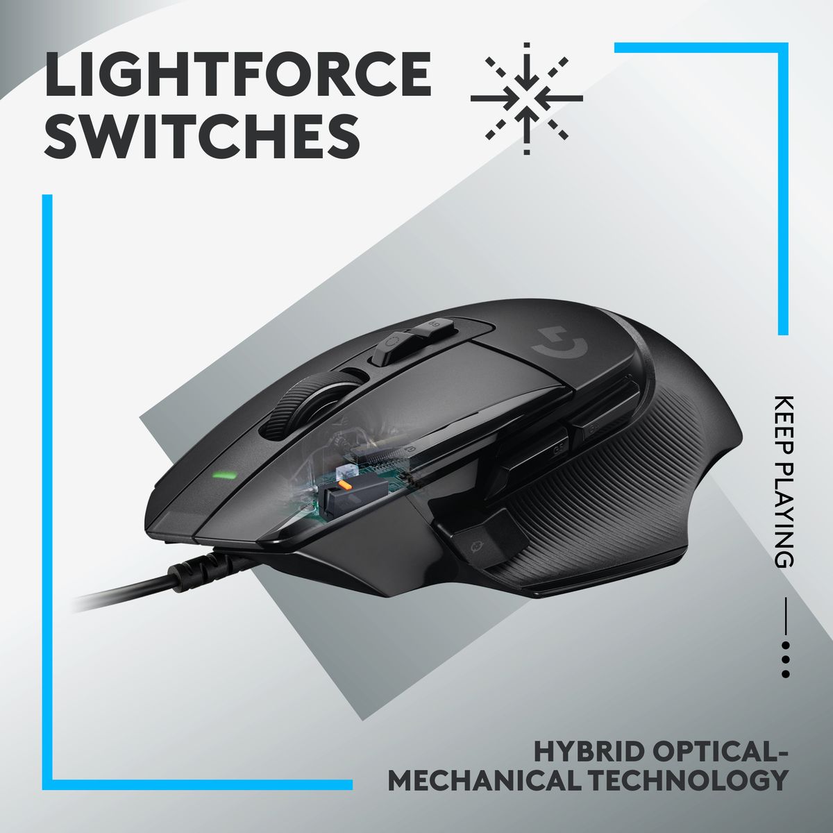 Gaming mouse with 'Lightforce Switches' text on a gray and blue background