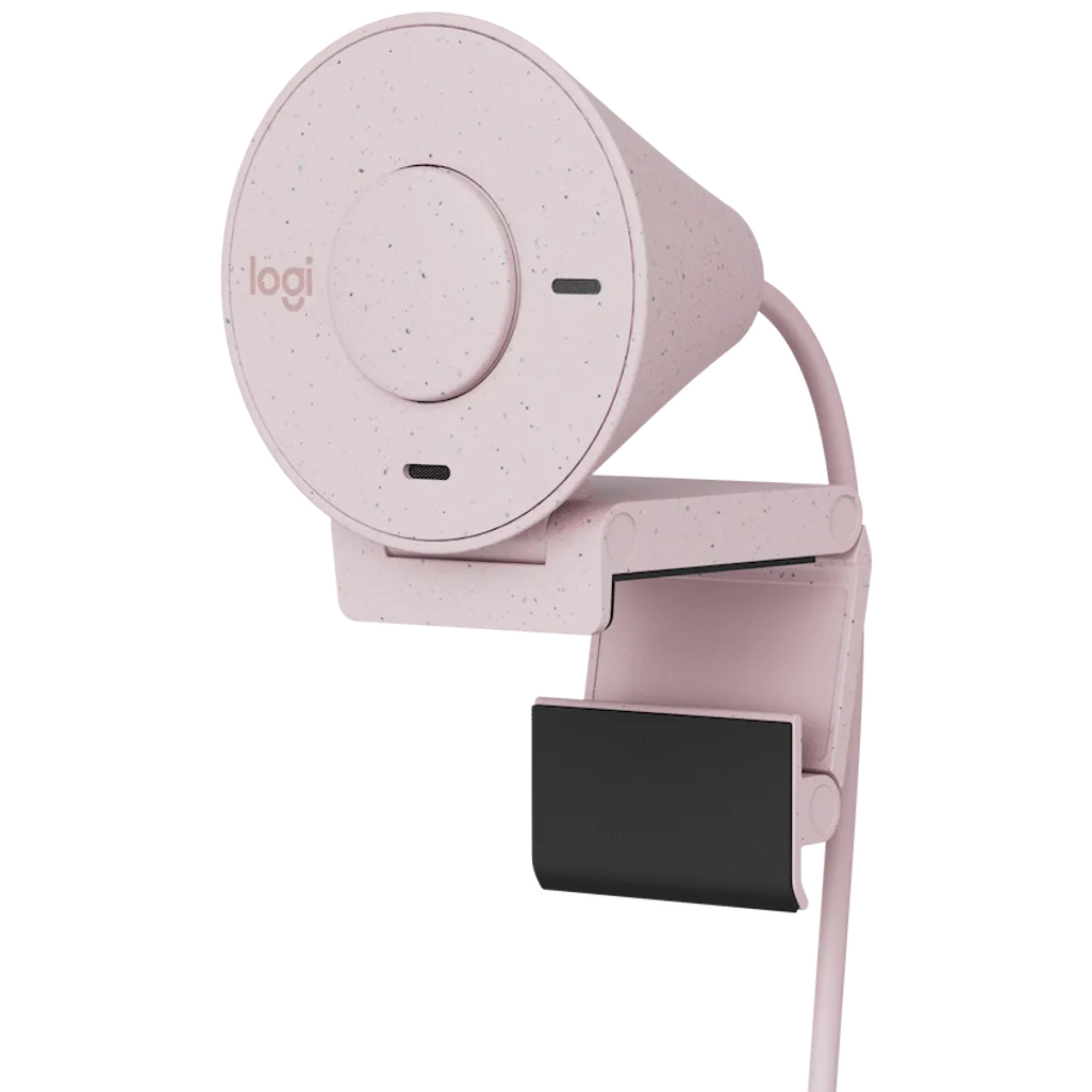 Logitech Brio 300 Full HD 1080p webcam in Rose pink, showing the compact design and integrated privacy shutter.