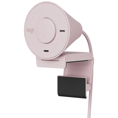 Logitech Brio 300 Full HD 1080p webcam in Rose pink, showing the compact design and integrated privacy shutter.