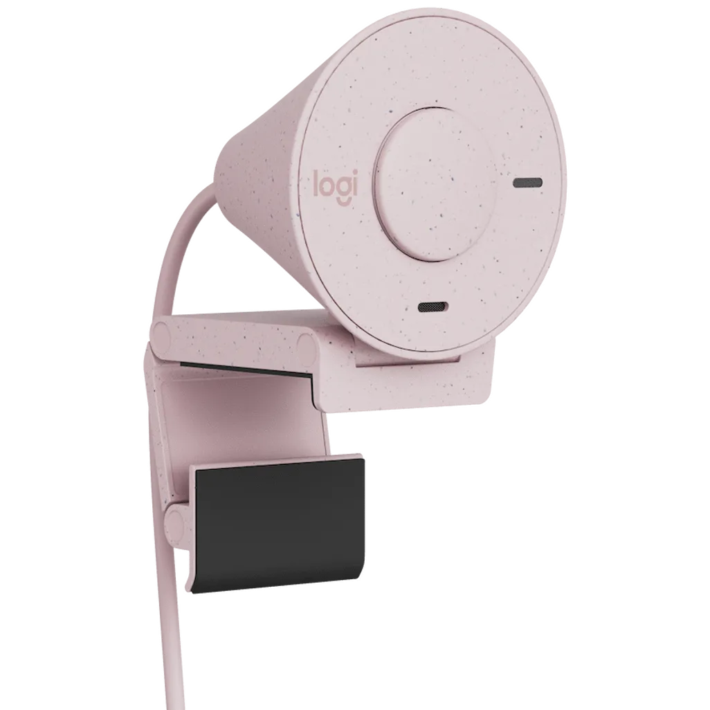 Logitech Brio 300 Full HD 1080p webcam in Rose pink, showing the compact design and integrated privacy shutter.