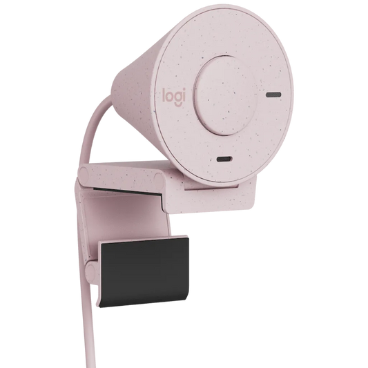 Logitech Brio 300 Full HD 1080p webcam in Rose pink, showing the compact design and integrated privacy shutter.