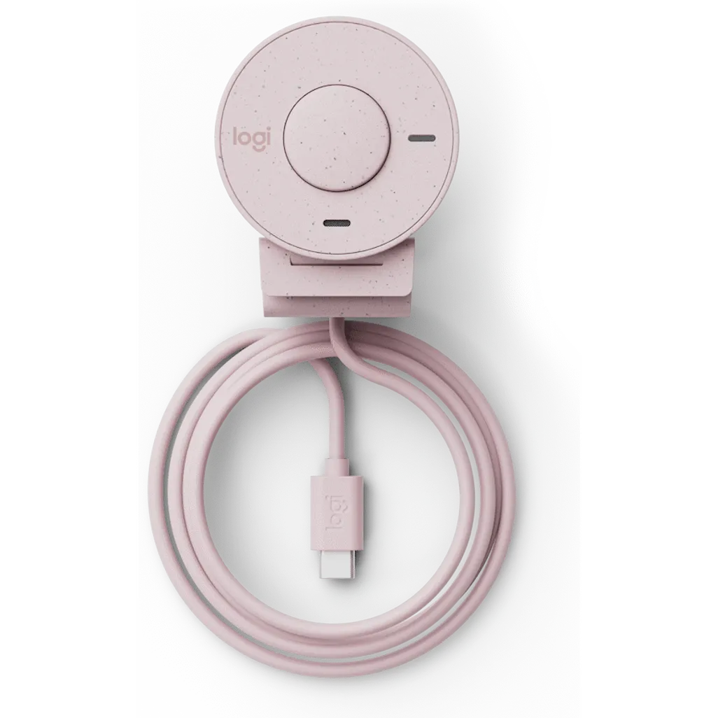 Logitech Brio 300 Full HD 1080p webcam in Rose pink, showing the compact design and integrated privacy shutter.