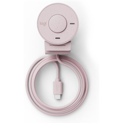 Logitech Brio 300 Full HD 1080p webcam in Rose pink, showing the compact design and integrated privacy shutter.
