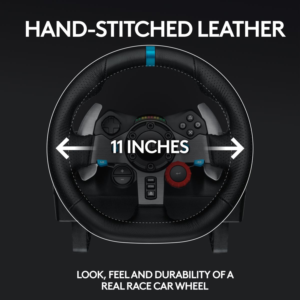 Logitech G29 Driving Force racing wheel and pedals showing the hand-stitched leather wheel and stainless steel floor pedals.