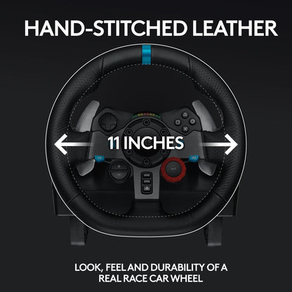 Logitech G29 Driving Force racing wheel and pedals showing the hand-stitched leather wheel and stainless steel floor pedals.