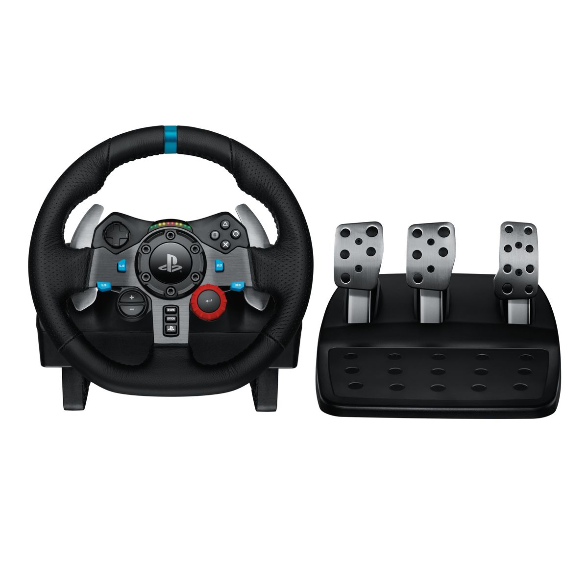 Logitech G29 Driving Force racing wheel and pedals showing the hand-stitched leather wheel and stainless steel floor pedals.