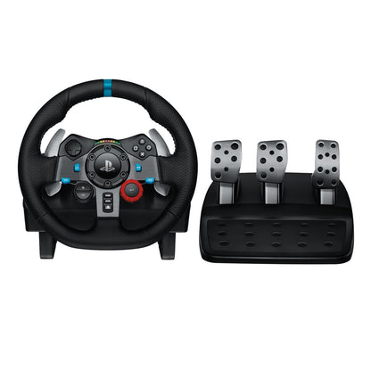 Logitech G29 Driving Force racing wheel and pedals showing the hand-stitched leather wheel and stainless steel floor pedals.