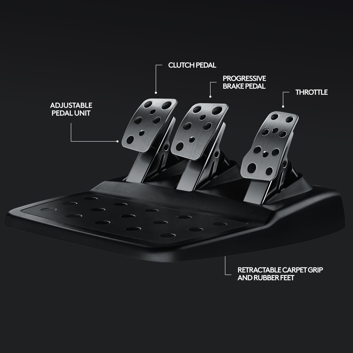 Logitech G29 Driving Force racing wheel and pedals showing the hand-stitched leather wheel and stainless steel floor pedals.