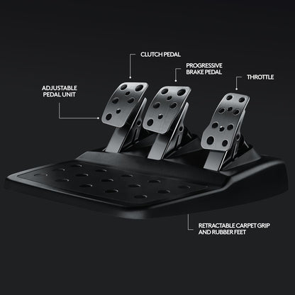 Logitech G29 Driving Force racing wheel and pedals showing the hand-stitched leather wheel and stainless steel floor pedals.