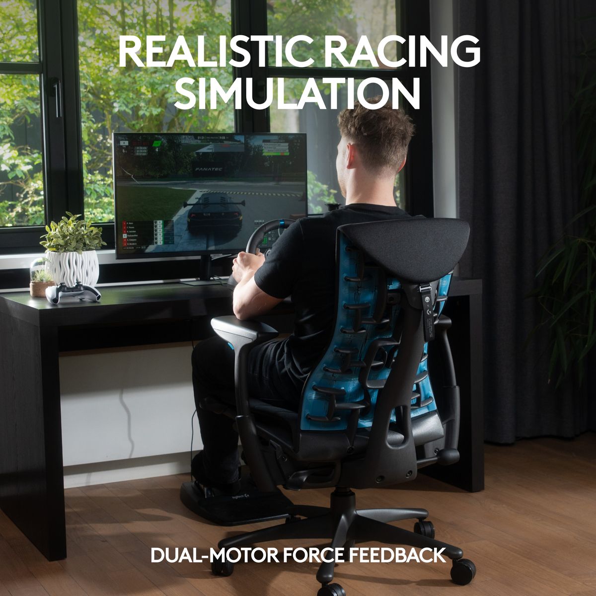 Logitech G29 Driving Force racing wheel and pedals showing the hand-stitched leather wheel and stainless steel floor pedals.
