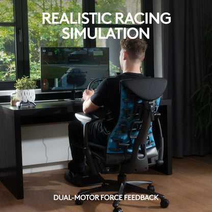 Logitech G29 Driving Force racing wheel and pedals showing the hand-stitched leather wheel and stainless steel floor pedals.