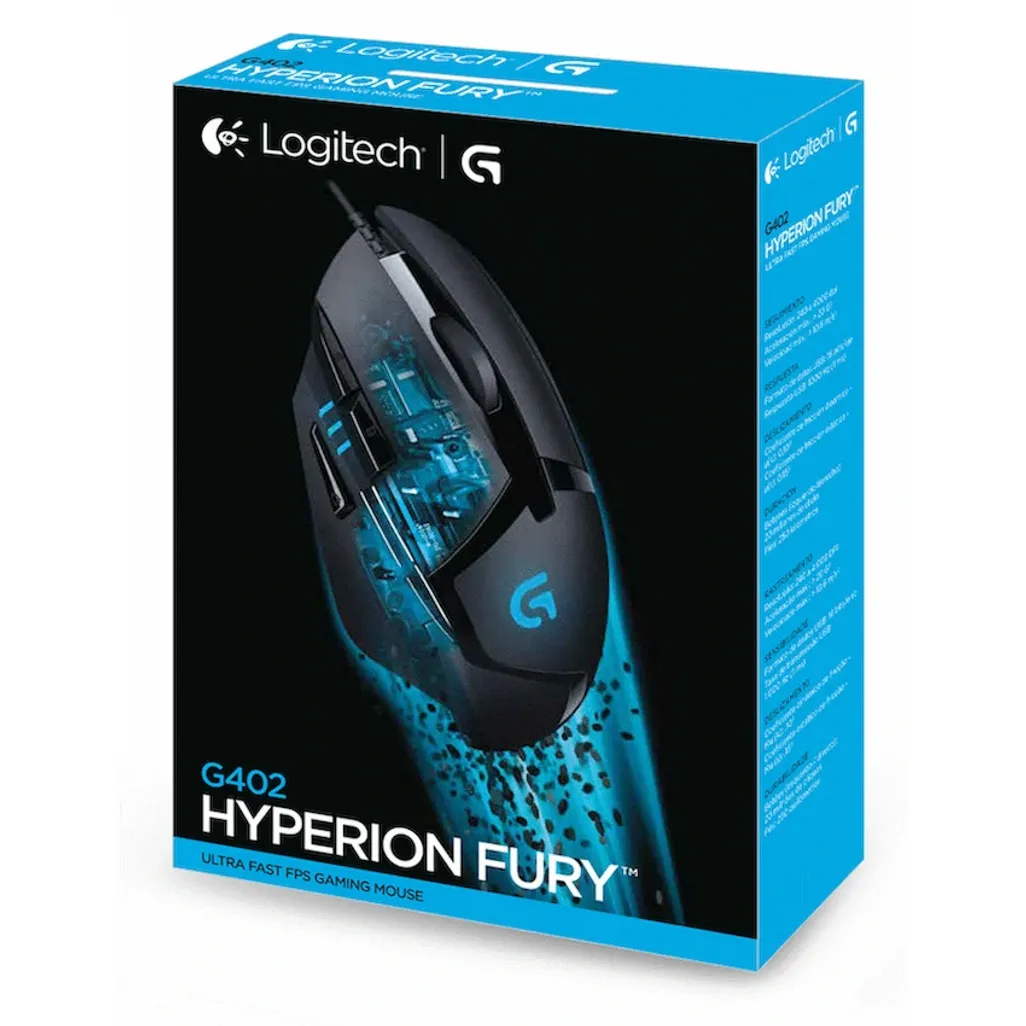 Logitech G402 Hyperion Fury wired gaming mouse in black, showcasing its ergonomic design and side buttons.