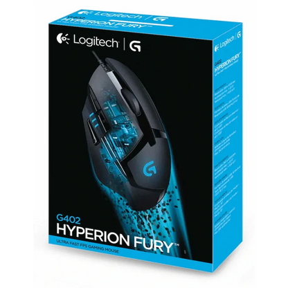 Logitech G402 Hyperion Fury wired gaming mouse in black, showcasing its ergonomic design and side buttons.