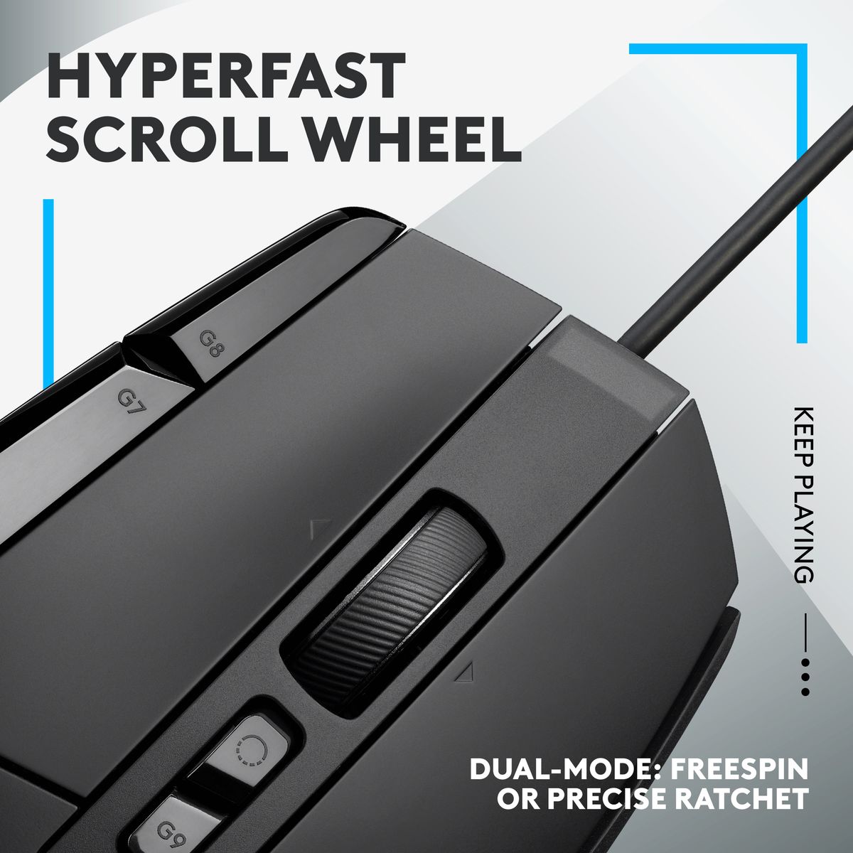 Gaming mouse with scroll wheel and button labels