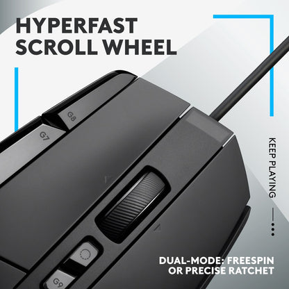 Gaming mouse with scroll wheel and button labels
