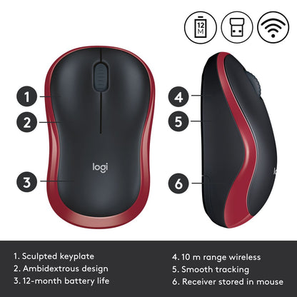 Logitech M185 Wireless Mouse, 2.4GHz with USB Mini Red
