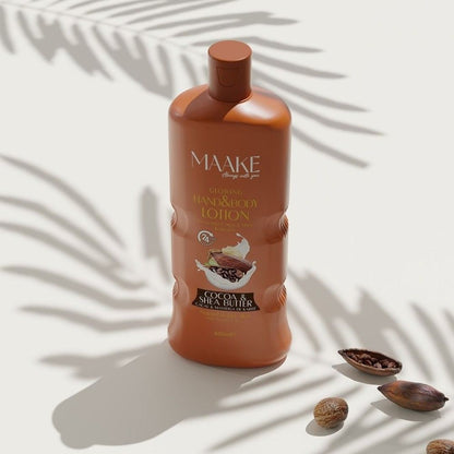 MAAKE Cocoa & Shea Butter Glowing Hand & Body Lotion 600ml Bottle

Discover the Ultimate Skin Indulgence with MAAKE - Cocoa and Shea Butter Hand and Body Lotion

Unleash the power of nature with MAAKE, the beauty brand that's bold, passionate, and unapologetically dedicated to your skin's radiance. Introducing our luxurious Cocoa and Shea Butter Hand and Body Lotion - your new go-to for irresistibly soft, glowing skin.