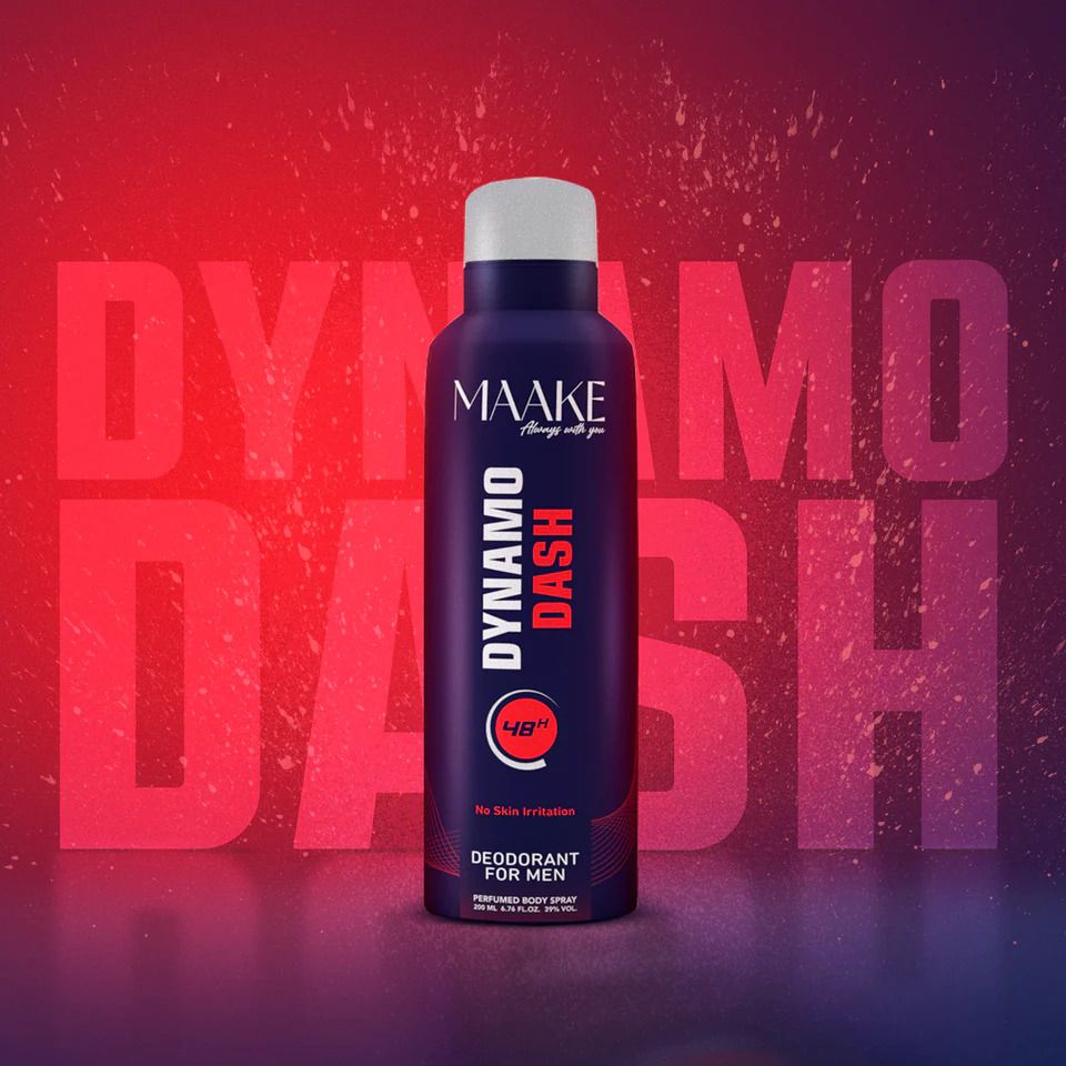 MAAKE Dynamo Dash 200ml perfumed deodorant body spray can for men.
