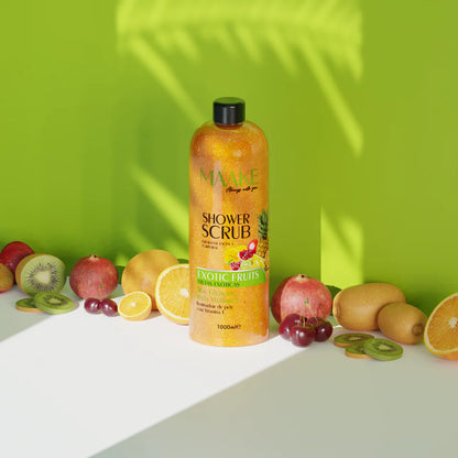 Our Glowing Shower Gel scrub is exactly what it sounds! A scrub for a delightful foamy bath, enriched with Exotic Fruits extract, vitamin E, and pumice stone exfoliating particles that gently cleanse and exfoliate the skin, removing impurities and dead cells, leaving your skin soft, lightly fragranced and with a subtle glow!

Results in smoothened skin. Non-abrasive.

Instructions:&nbsp;Apply a generous amount and massage onto wet skin, bring up to a lather, scrub, then rinse off. Suitable for daily use; if
