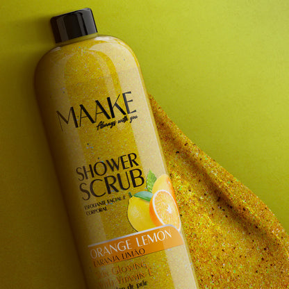 Our Glowing Shower Gel scrub is exactly what it sounds! A scrub for a delightful foamy bath, enriched with Orange &amp; Lemon extract, vitamin E, and pumice stone exfoliating particles that gently cleanse and exfoliate the skin, removing impurities and dead cells, leaving your skin soft, lightly fragranced and with a subtle glow!

Results in smoothened skin. Non-abrasive.

Instructions:&nbsp;Apply a generous amount and massage onto wet skin, bring up to a lather, scrub, then rinse off. Suitable for daily us