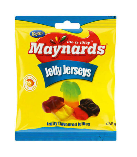 A package of Maynards Fruit Flavoured Players Jerseys, featuring jersey-shaped gummy candies in assorted fruit flavors.