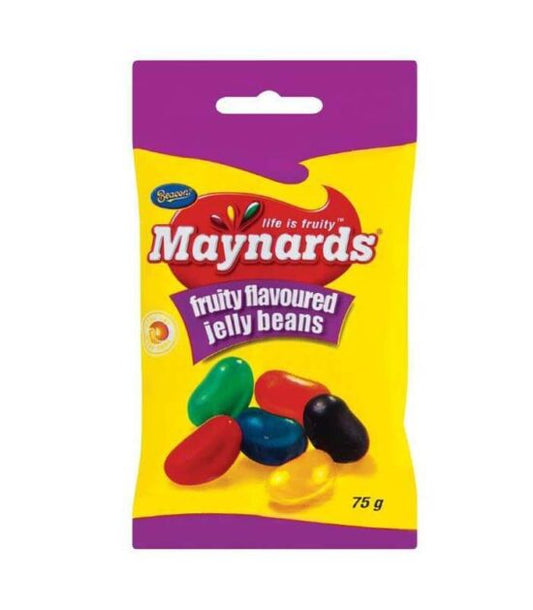A pack of Maynards Fruity Jelly Beans, featuring assorted fruity flavored jelly beans and the weight of 60g indicated.