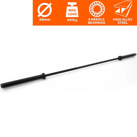 Powercore 8.0 professional black alloy Olympic lifting barbell with 8 needle bearings and reinforced sleeves.