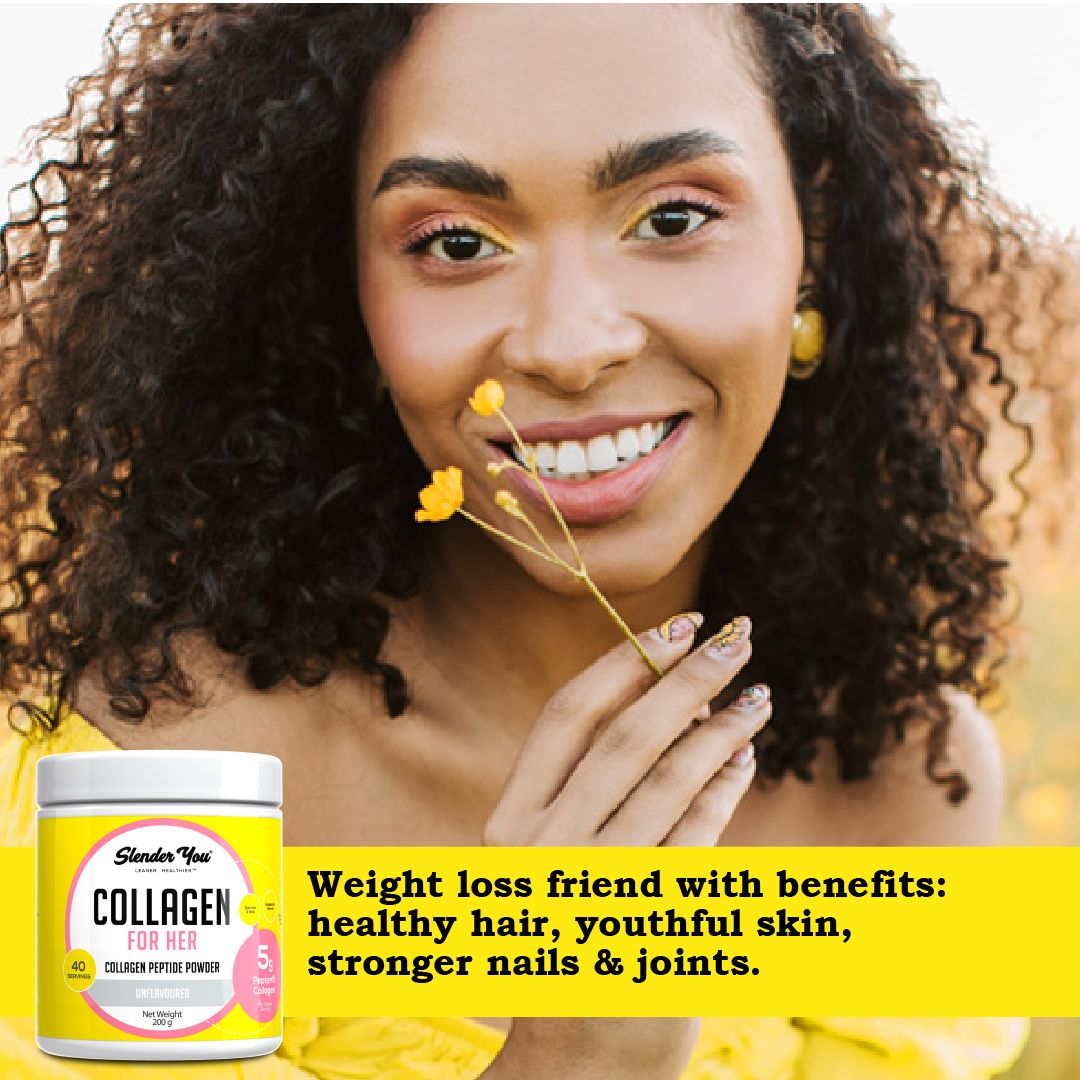 Slender You® Collagen For Her is a daily collagen peptide powder designed to support your body’s beauty, mobility and metabolism, all from within.

As we age, natural collagen production declines. That’s why we use clinically backed Peptan® hydrolysed collagen peptides (Type 1), easily absorbed building blocks that help replenish collagen levels and offer results you can feel and see.

Collagen is more than a beauty supplement. It’s also a high-quality protein source that helps you feel fuller for longer, p