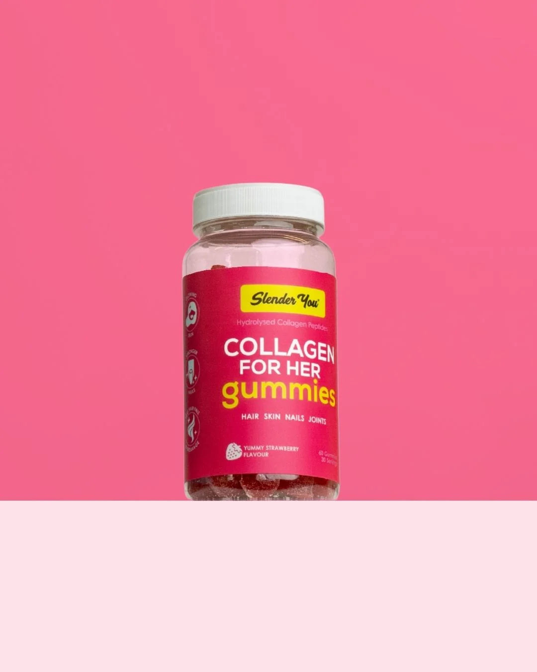 Slender You® Collagen Peptide Gummies, daily glow-up treat, with benefits that go way beyond beauty.

These delicious strawberry-flavoured gummies are packed with hydrolysed collagen peptides, designed to support strong hair and nails, smoother skin, healthier joints and muscle recovery.

Collagen is the most abundant protein in the body, but natural levels begin to decline with age. That’s why a high-quality supplement like this can help reduce signs of ageing, boost hydration and elasticity, and even supp