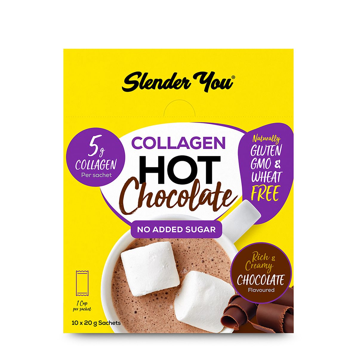 Slender You Collagen Hot Chocolate 20g Sachet

No Added Sugar. Rich &amp; creamy Chocolate Flavoured. Supports healthy hair, Skin and nails. Promotes glowing skin. Gluten, GMO and Wheat free