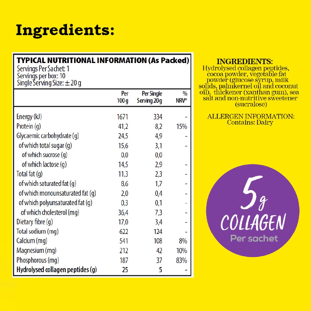 Slender You Collagen Hot Chocolate 20g Sachet

No Added Sugar. Rich &amp; creamy Chocolate Flavoured. Supports healthy hair, Skin and nails. Promotes glowing skin. Gluten, GMO and Wheat free