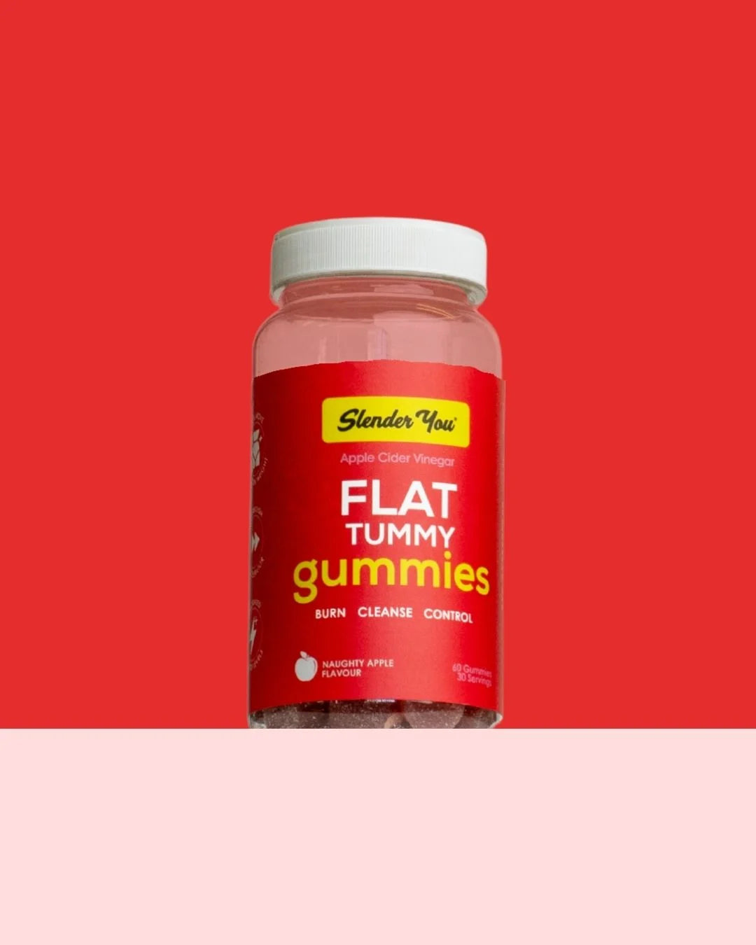 Slender You® Flat Tummy Gummies make it easy to enjoy all the benefits of apple cider vinegar without the sour taste or tooth damage.

Each gummy delivers 500mg of ACV in a delicious Naughty Apple flavour, designed to help flatten and tone your tummy by boosting fat metabolism, reducing fat storage, and curbing appetite. Taken daily, they support digestion, ease bloating and balance blood sugar for steadier energy and fewer cravings. They also promote natural detox and gut health while contributing to 