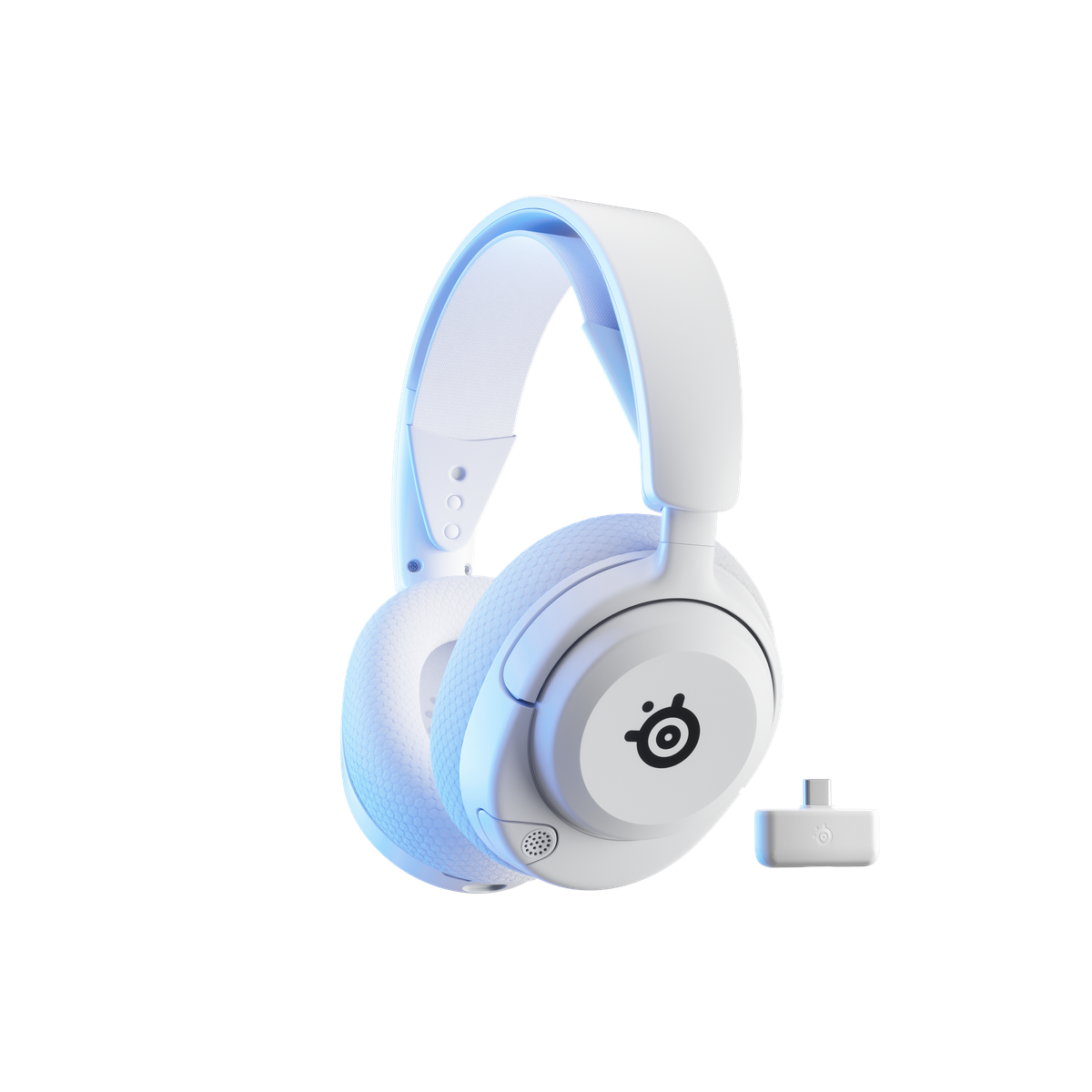 SteelSeries Arctis Nova 5P Wireless Gaming Headset in White, showing the retractable ClearCast mic and USB-C dongle.