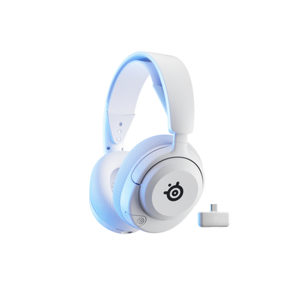 SteelSeries Arctis Nova 5P Wireless Gaming Headset in White, showing the retractable ClearCast mic and USB-C dongle.