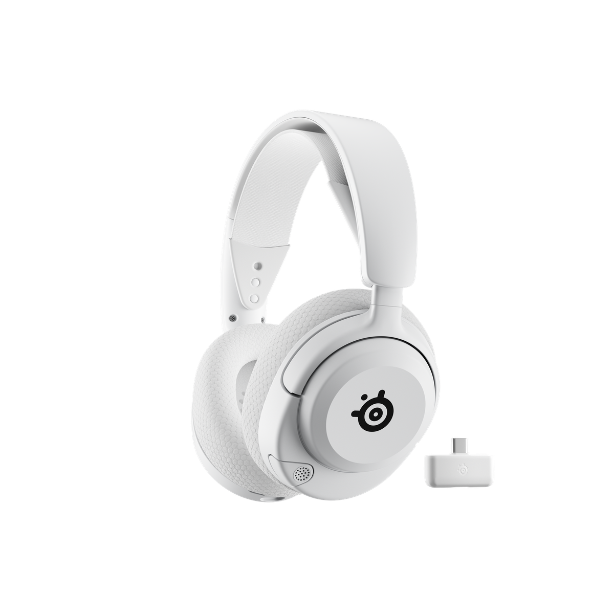 SteelSeries Arctis Nova 5P Wireless Gaming Headset in White, showing the retractable ClearCast mic and USB-C dongle.