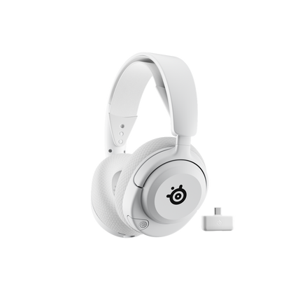 SteelSeries Arctis Nova 5P Wireless Gaming Headset in White, showing the retractable ClearCast mic and USB-C dongle.