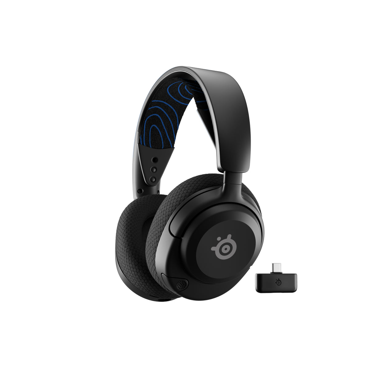 SteelSeries Arctis Nova 5P Wireless Gaming Headset in black, showing the retractable ClearCast mic and USB-C dongle.