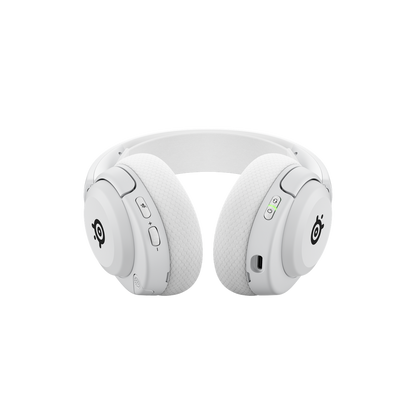 SteelSeries Arctis Nova 5P Wireless Gaming Headset in White, showing the retractable ClearCast mic and USB-C dongle.