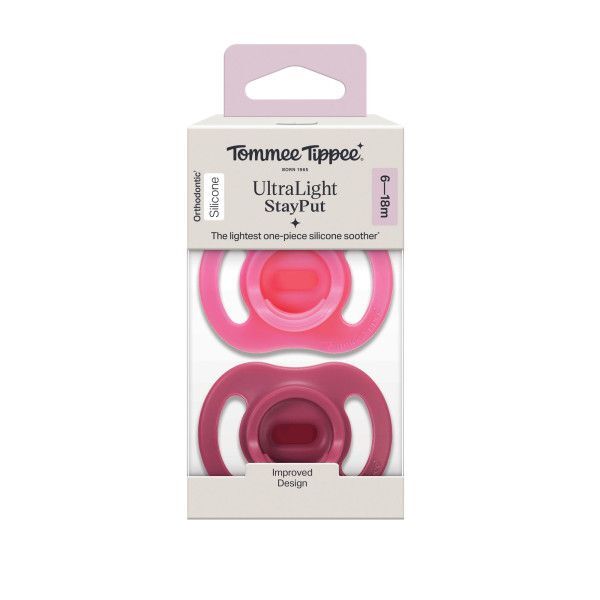 Tommee Tippee Ultra-light StayPut Silicone Soother 6-18 months - 2 Pack

The lightest one-piece silicone soother*. It’s 20% lighter than our original Ultra-light soother and designed to stay put for longer. With a symmetrical teat and shield, it comfortably fits baby’s face, any way up, helps them stay soothed for longer, and means you spend less time picking up dropped dummies.