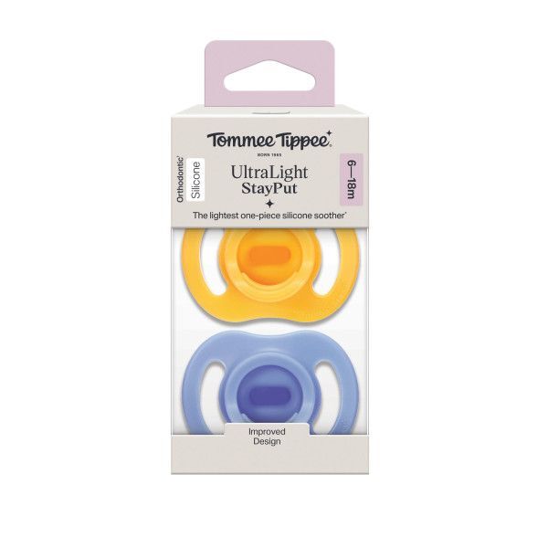 Tommee Tippee Ultra-light StayPut Silicone Soother 6-18 months - 2 Pack

The lightest one-piece silicone soother*. It’s 20% lighter than our original Ultra-light soother and designed to stay put for longer. With a symmetrical teat and shield, it comfortably fits baby’s face, any way up, helps them stay soothed for longer, and means you spend less time picking up dropped dummies.