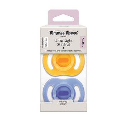 Tommee Tippee Ultra-light StayPut Silicone Soother 6-18 months - 2 Pack

The lightest one-piece silicone soother*. It’s 20% lighter than our original Ultra-light soother and designed to stay put for longer. With a symmetrical teat and shield, it comfortably fits baby’s face, any way up, helps them stay soothed for longer, and means you spend less time picking up dropped dummies.