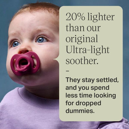 Tommee Tippee Ultra-light StayPut Silicone Soother 6-18 months - 2 Pack

The lightest one-piece silicone soother*. It’s 20% lighter than our original Ultra-light soother and designed to stay put for longer. With a symmetrical teat and shield, it comfortably fits baby’s face, any way up, helps them stay soothed for longer, and means you spend less time picking up dropped dummies.