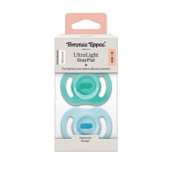 Tommee Tippee Ultra-light StayPut Silicone soother 0-6M - 2 Pack

The lightest one-piece silicone sootherx: 20% lighter than our Ultra-light Original soother, and 50% lighter than the leading one-piece silicone brandx.
A comfortable fit: With a symmetrical teat and shield, this silicone dummy is designed to fit baby's face, any way up. An improved centre of gravity helps it to stay put in their mouth for longer.