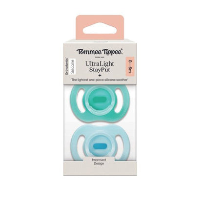 Tommee Tippee Ultra-light StayPut Silicone soother 0-6M - 2 Pack

The lightest one-piece silicone sootherx: 20% lighter than our Ultra-light Original soother, and 50% lighter than the leading one-piece silicone brandx.
A comfortable fit: With a symmetrical teat and shield, this silicone dummy is designed to fit baby's face, any way up. An improved centre of gravity helps it to stay put in their mouth for longer.