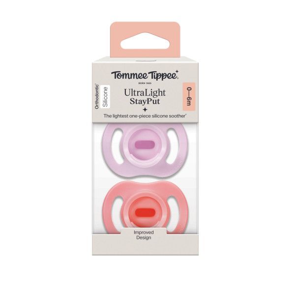 Tommee Tippee Ultra-light StayPut Silicone soother 0-6M - 2 Pack

The lightest one-piece silicone sootherx: 20% lighter than our Ultra-light Original soother, and 50% lighter than the leading one-piece silicone brandx.
A comfortable fit: With a symmetrical teat and shield, this silicone dummy is designed to fit baby's face, any way up. An improved centre of gravity helps it to stay put in their mouth for longer.