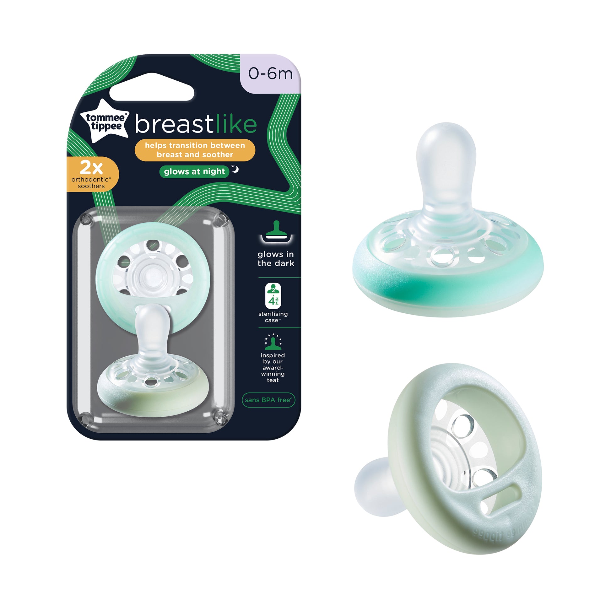 Tommee Tippee Breastlike Night Soother 0-6 months 2 Pack

The natural feel and flex of this breast-like soother, inspired by our award-winning Closer to Nature® teat, provides a reassuring alternative to traditional soothers. The reusable steriliser pod that can be used to effectively and efficiently sterilise up to 2 soothers at once in a microwave, killing up to 99.9% of bacteria.
