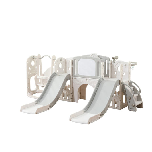 Babies-Up Toddler Garden Twin Slide Set with Swing and Bridge fully assembled in a green backyard garden