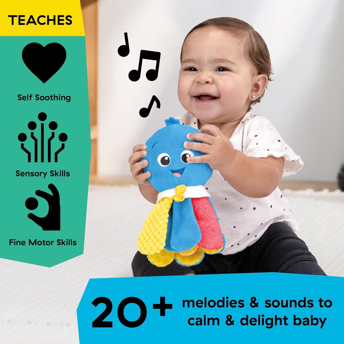 Close-up view of squeezing Baby Einstein Opus body to trigger soothing melodies